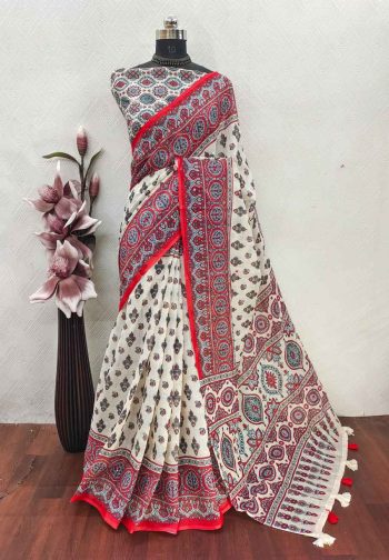 NEW ARRIVAL LINEN COTTON AJRAKH  PRINTED  WITH AARI MIRROR WORK SAREE WITH UNSTITCHED BLOUSE OFF WHITE AND RED