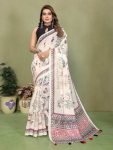 NEW ARRIVAL LINEN COTTON PRINTED WORK SAREE WITH UNSTITCHED BLOUSE OFF WHITE