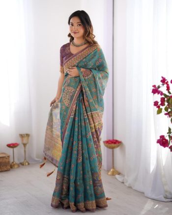 NEW ARRIVAL LINEN TISSUE SILK PRINT WORK SAREE WITH UNSTITCHED BLOUSE RAMA