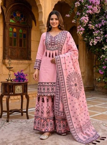 NEW ARRIVAL MUSLIN DIGITAL PRINT WITH LATKAN AND REAL MIRROR WORK TOP PALAZZO WITH DUPATTA PEACH