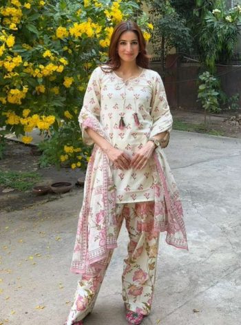 NEW ARRIVAL MUSLIN DIGITAL PRINT WORK TOP PATIYALA WITH DUPATTA WHITE AND PINK