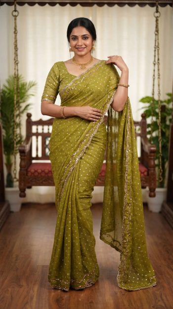 NEW ARRIVAL NC BUTTI SILK ROSE GOLD  BEADS WORK WITH CUT  WORK BORDER SAREE WITH UNSTITCHED BLOUSE MEHNDI