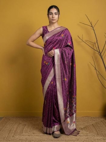 NEW ARRIVAL ORGANZA MEENAKARI ZARI WOVEN WORK SAREE WITH UNSTITCHED BLOUSE DARK PINK