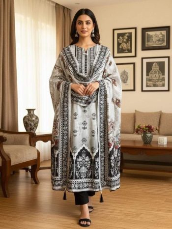 NEW ARRIVAL POLLY RAYON DIGITAL PRINT WORK TOP BOTTOM WITH DUPATTA BLACK AND WHITE