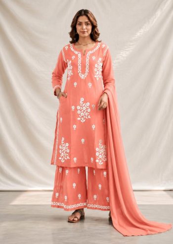 NEW ARRIVAL RAYON COTTON SILK EMBROIDERY CHIKANKARI WORK TOP PALAZZO WITH DUPATTA PEACH