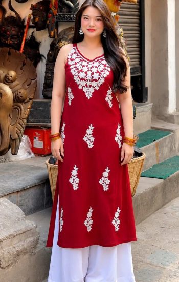NEW ARRIVAL RAYON EMBROIDERY WORK KURTI PALAZZO SET RED