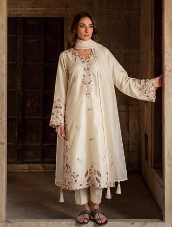 NEW ARRIVAL ROMAN GLASS EMBROIDERY 3 MM SEQUENCE WORK TOP BOTTOM WITH DUPATTA OFF WHITE