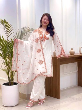 NEW ARRIVAL ROMAN SILK EMBROIDERY WORK TOP PALAZZO WITH DUPATTA OFF WHITE