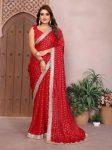 NEW ARRIVAL SATIN SILK TONE AND FOIL WORK SAREE WITH LACE WORK SAREE WITH UNSTITCHED BLOUSE RED