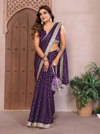 NEW ARRIVAL SATIN SILK TONE AND FOIL WORK SAREE WITH LACE WORK SAREE WITH UNSTITCHED BLOUSE PURPLE