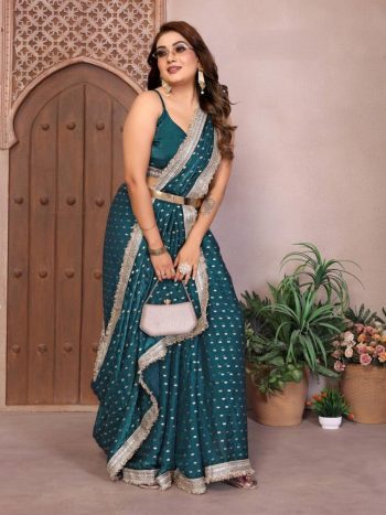 NEW ARRIVAL SATIN SILK TONE AND FOIL WORK SAREE WITH LACE WORK SAREE WITH UNSTITCHED BLOUSE TEAL