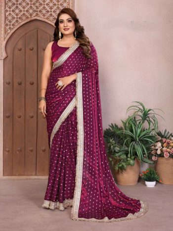 NEW ARRIVAL SATIN SILK TONE AND FOIL WORK SAREE WITH LACE WORK SAREE WITH UNSTITCHED BLOUSE WINE