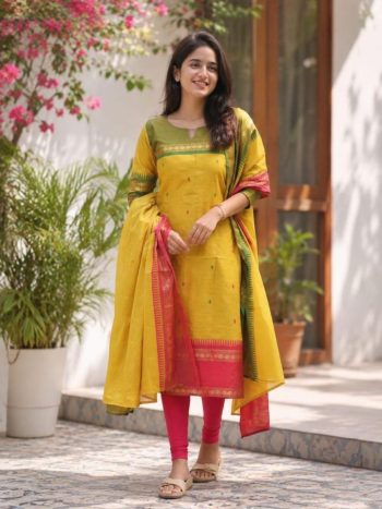 NEW ARRIVAL SILK COTTON ZARI KANCHI BORDER WORK TOP WITH DUPATTA YELLOW