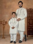 NEW ARRIVAL SILK EMBROIDERY WORK ONLY KURTA FATHER AND SON SET WHITE