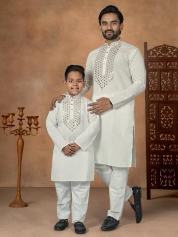 NEW ARRIVAL SILK EMBROIDERY WORK ONLY KURTA FATHER AND SON SET WHITE