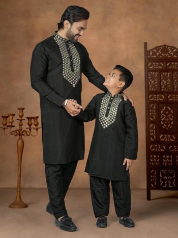NEW ARRIVAL SILK EMBROIDERY WORK ONLY KURTA FATHER AND SON SET BLACK