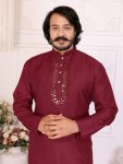 NEW ARRIVAL SILK MIRROR WORK MEN'S KURTA PAYJAMA SET MAROON