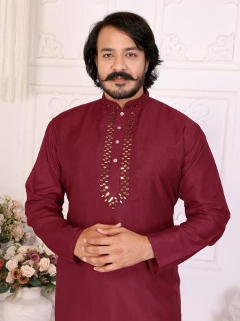 NEW ARRIVAL SILK MIRROR WORK MEN'S KURTA PAYJAMA SET MAROON