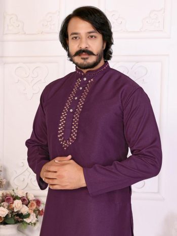 NEW ARRIVAL SILK MIRROR WORK MEN'S KURTA PAYJAMA SET WINE