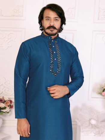NEW ARRIVAL SILK MIRROR WORK MEN'S KURTA PAYJAMA SET TEAL