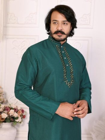 NEW ARRIVAL SILK MIRROR WORK MEN'S KURTA PAYJAMA SET GREEN