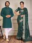 NEW ARRIVAL SILK PRINT WORK SAREE AND BLOUSE WITH MIRROR WORK KURTA PAYJAMA COUPLE WEAR SET GREEN