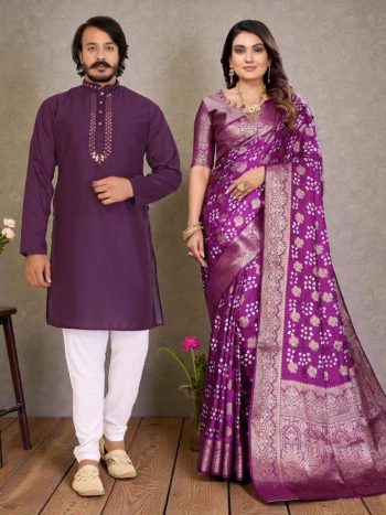 NEW ARRIVAL SILK PRINT WORK SAREE AND BLOUSE WITH MIRROR WORK KURTA PAYJAMA COUPLE WEAR SET WINE