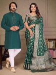 NEW ARRIVAL SILK PRINT WORK SAREE AND BLOUSE WITH MIRROR WORK KURTA PAYJAMA COUPLE WEAR SET GREEN