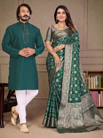 NEW ARRIVAL SILK PRINT WORK SAREE AND BLOUSE WITH MIRROR WORK KURTA PAYJAMA COUPLE WEAR SET GREEN