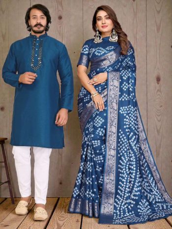 NEW ARRIVAL SILK PRINT WORK SAREE AND BLOUSE WITH MIRROR WORK KURTA PAYJAMA COUPLE WEAR SET TEAL