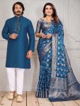 NEW ARRIVAL SILK PRINT WORK SAREE AND BLOUSE WITH MIRROR WORK KURTA PAYJAMA COUPLE WEAR SET TEAL