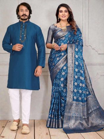 NEW ARRIVAL SILK PRINT WORK SAREE AND BLOUSE WITH MIRROR WORK KURTA PAYJAMA COUPLE WEAR SET TEAL
