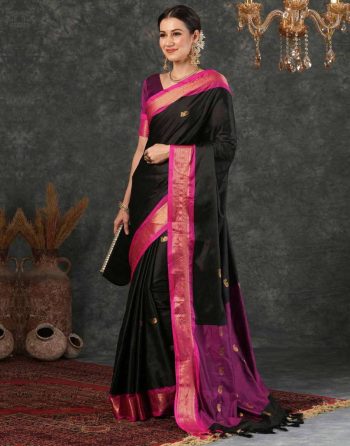 NEW ARRIVAL SOFT LICHI SILK JACQUARD WORK SAREE WITH UNSTITCHED BLOUSE BLACK