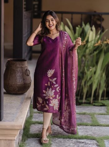 NEW ARRIVAL ZARNA SILK PRINT  WORK TOP AND DUPATTA WINE