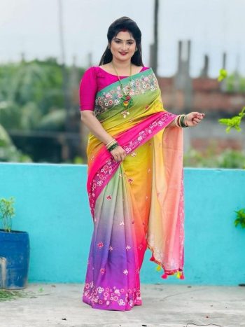 RICH LOOK ART SILK FLORAL PRINT WORK SAREE WITH UNSTITCHED BLOUSE MULTI