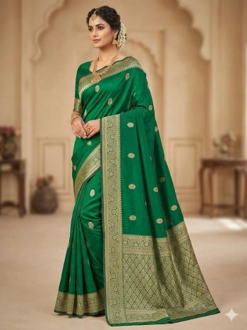 RICH LOOK BANARASI SILK WEAVING WORK SAREE WITH UNSTITCHED BLOUSE GREEN