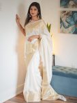 RICH LOOK BANARASI SILK WEAVING WORK SAREE WITH UNSTITCHED BLOUSE WHITE