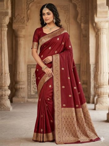 RICH LOOK BANARASI SILK WEAVING WORK SAREE WITH UNSTITCHED BLOUSE MAROON