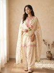 RICH LOOK CHANDERI COTTON MULTI NEEDLE  SEQUENCE EMBROIDERY ZARI WORK TOP PATIYALA WITH DUPATTA OFF WHITE