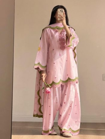 RICH LOOK CHANDERI COTTON MULTI NEEDLE  SEQUENCE EMBROIDERY ZARI WORK TOP PATIYALA WITH DUPATTA BABY PINK