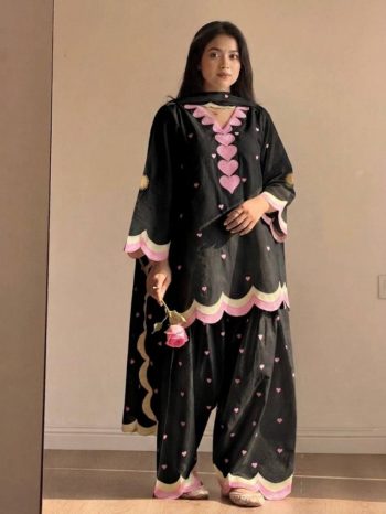 RICH LOOK CHANDERI COTTON MULTI NEEDLE  SEQUENCE EMBROIDERY ZARI WORK TOP PATIYALA WITH DUPATTA BLACK