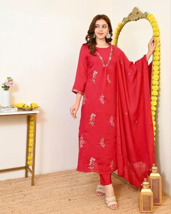 RICH LOOK CHANDERI EMBROIDERY BEADS WORK TOP BOTTOM WITH DUPATTA RED
