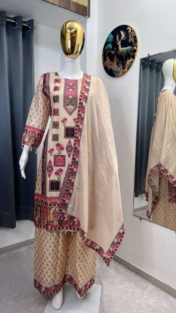 RICH LOOK CHINON SILK DIGITAL PRINT AND STONE WORK TOP PALAZZO WITH DUPATTA OFF WHITE