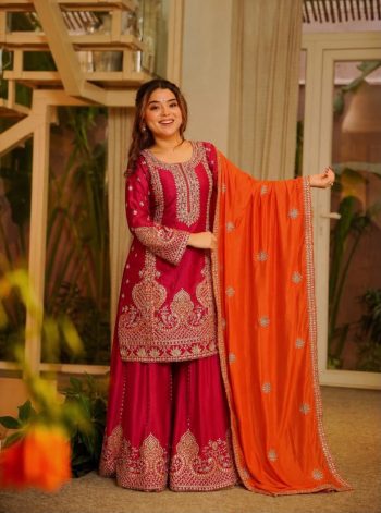 RICH LOOK CHINON SILK EMBROIDERY SEQUENCE AND THREAD WORK TOP PALAZZO WITH DUPATTA ORANGE AND RED