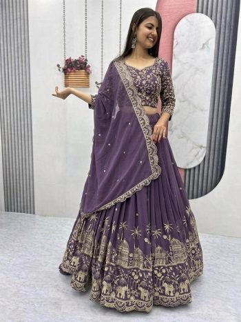 RICH LOOK CHINON SILK EMBROIDERY SEQUENCE WORK LEHENGA CHOLI WITH DUPATTA PURPLE