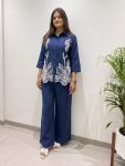 RICH LOOK COTTON DENIM EMBROIDERY WORK CO-ORD SET BLUE