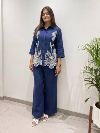 RICH LOOK COTTON DENIM EMBROIDERY WORK CO-ORD SET BLUE