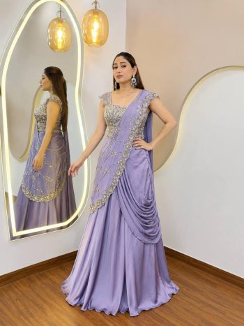 RICH LOOK CREPE SILK EMBROIDERY SEQUENCE WORK LEHENGA SAREE WITH STITCHED BLOUSE LAVENDER