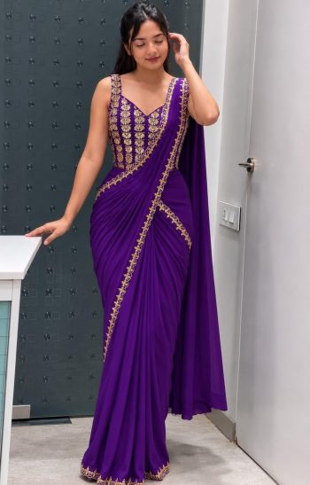 RICH LOOK CREPE SILK EMBROIDERY WITH GOLDEN FOIL LACE WORK READY TO WEAR SAREE WITH STITCHED BLOUSE AND WAIST BELT PURPLE