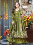 RICH LOOK CRUNCHY SILK FLORAL MOTIF THREAD EMBROIDERY WORK ANARKALI PALAZZO WITH DUPATTA MEHNDI
